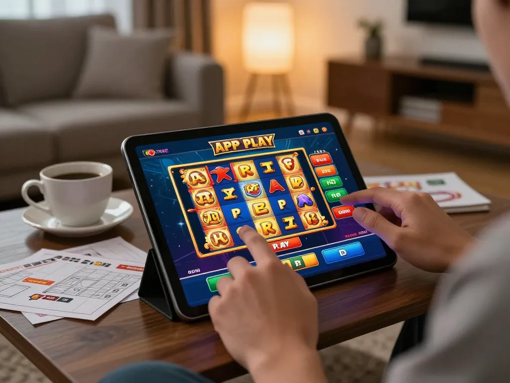 Engaging with apk slot games on a tablet in a cozy home setting with notes and a coffee cup.