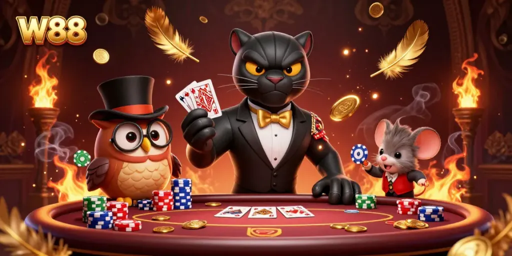 W88 casino scene with a stylish panther and friends engaging in thrilling poker action.