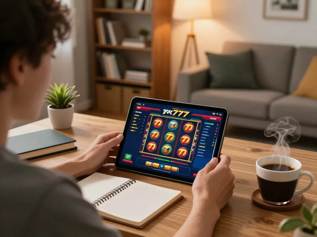 Permainan menarik slot777 di tablet dalam suasana rumah yang nyaman, menunjukkan kegembiraan perjudian daring.