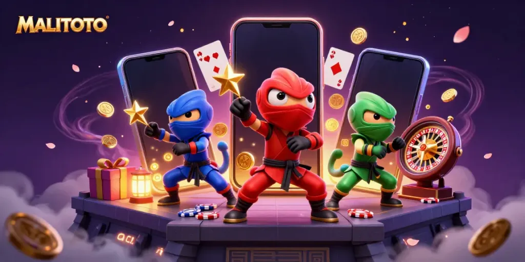 MALITOTO gaming scene with ninja chameleons performing martial arts, surrounded by colorful casino elements.
