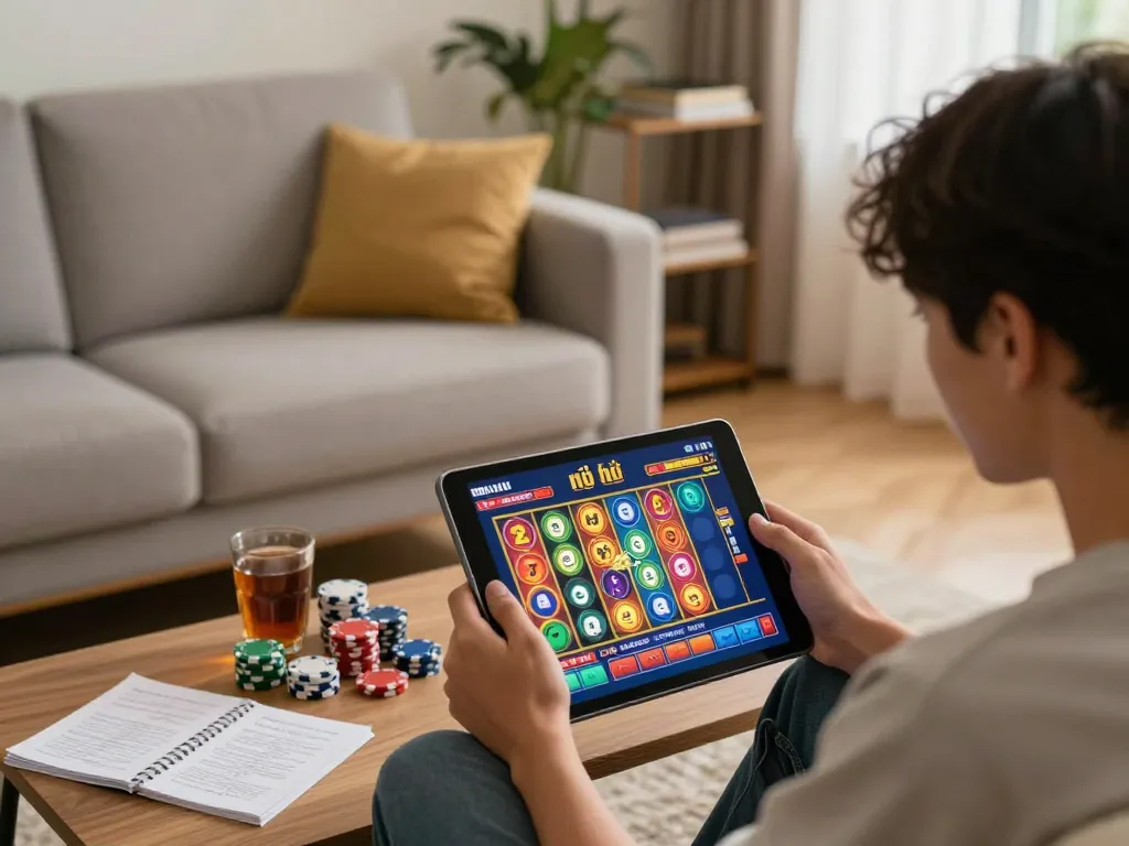 Player enjoying nổ hũ game on tablet, surrounded by chips and strategy notes in cozy home