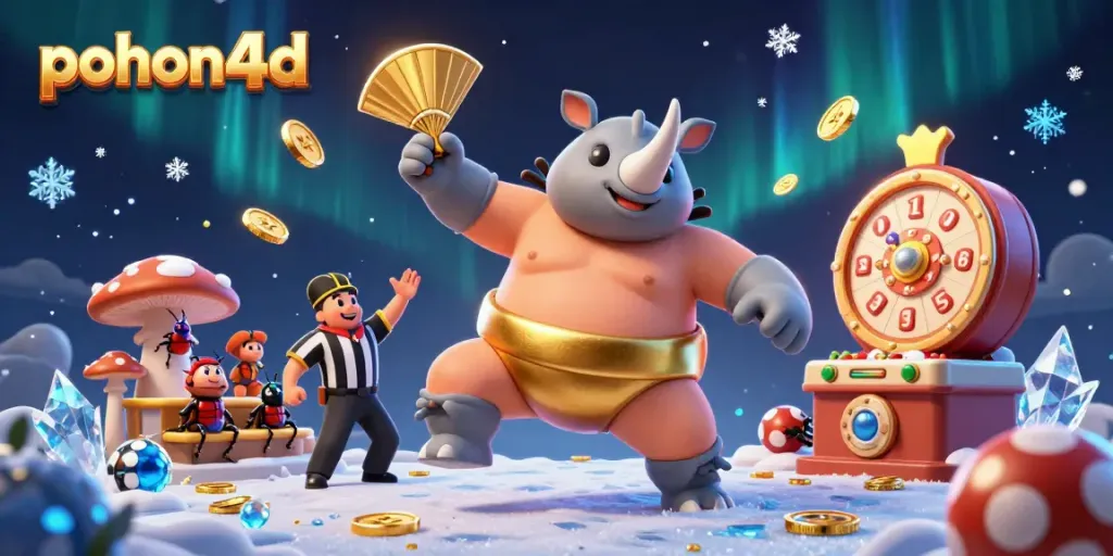 Experience the excitement of pohon4d with a vibrant 3D lottery scene featuring dynamic characters and casino elements.