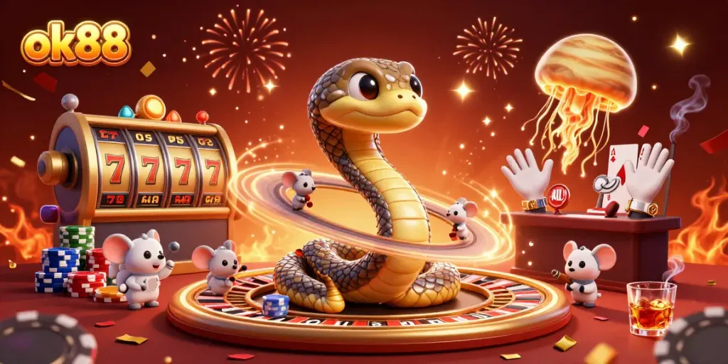 Experience the excitement of ok88 with a cosmic casino scene featuring vibrant slot reels and dynamic characters.