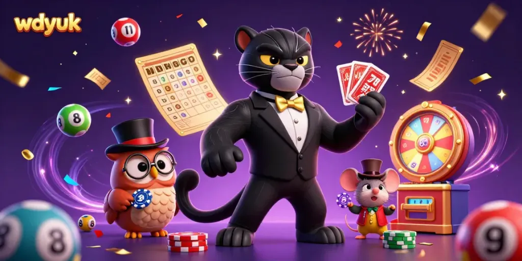 Engage with wdyuk's enchanting casino scene featuring a stylish panther and lively characters.