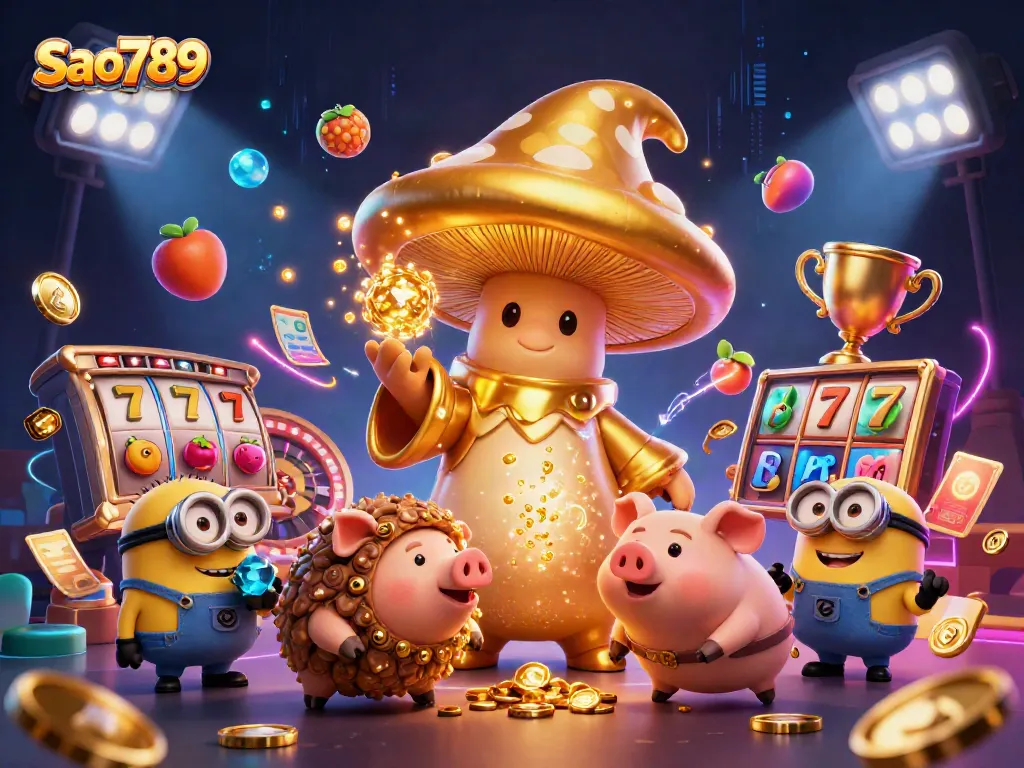 Sao789 promotes thrilling online slot experiences with dynamic characters in a vibrant casino scene.