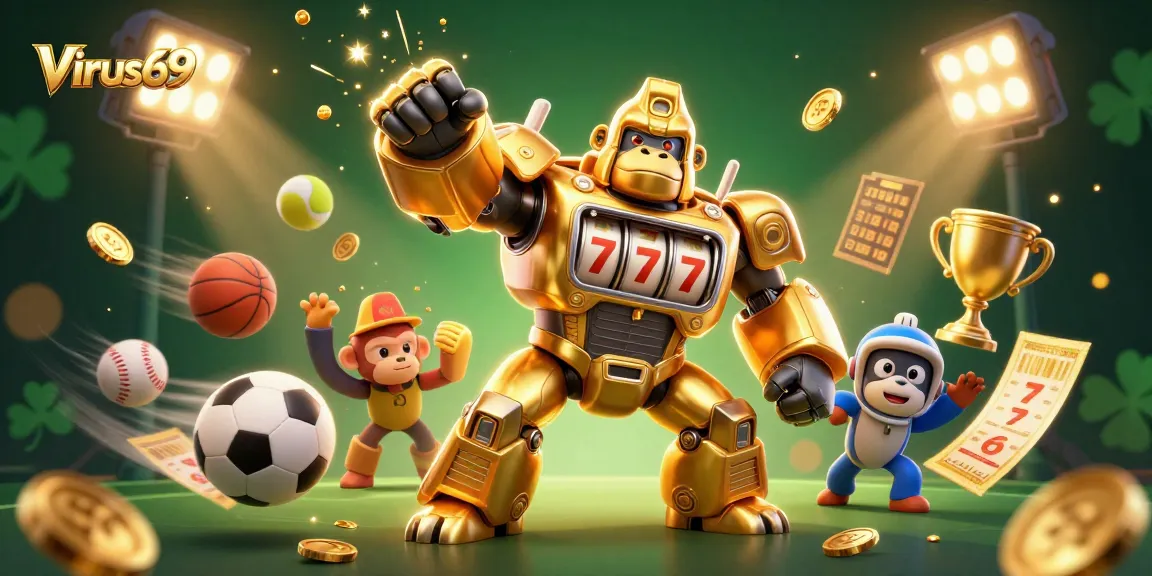 Engage with Virus69 for thrilling online gambling experiences featuring a golden gorilla mech amidst dynamic sports elements.