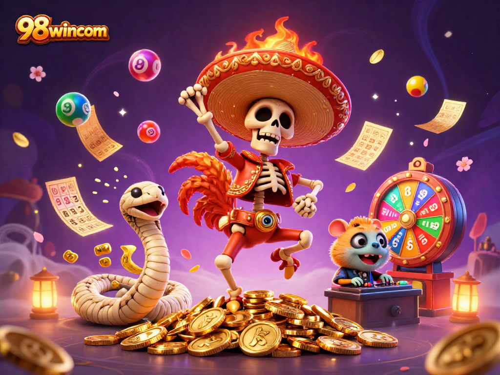 Engage in thrilling gameplay with 98wincom's dynamic casino scene featuring vibrant characters and lottery elements.