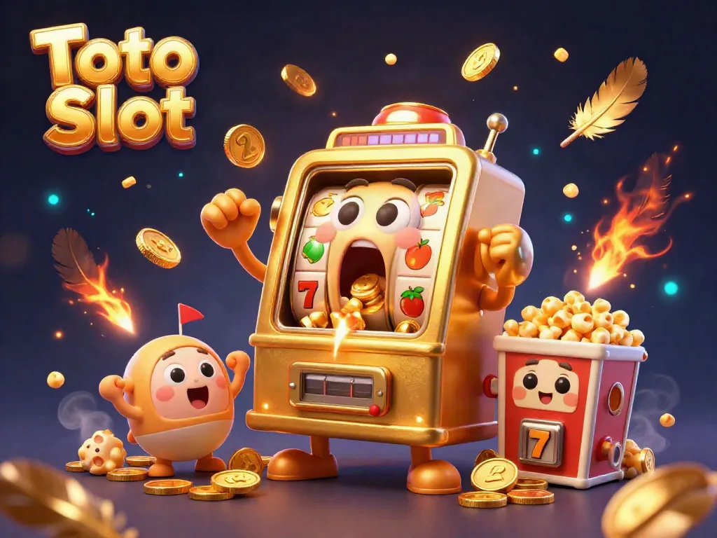 Mesin slot Toto Slot yang menggebrak jackpot, dikelilingi koin emas yang berterbangan.