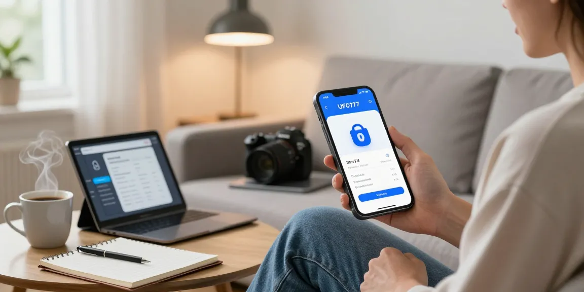 Menampilkan aplikasi UFO777 di ponsel dengan suasana nyaman dan modern.