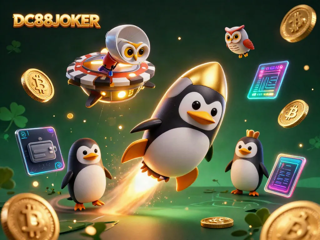 Experience the thrills of DC88JOKER with a dynamic cartoon penguin racing to a poker chip casino, surrounded by crypto elements.
