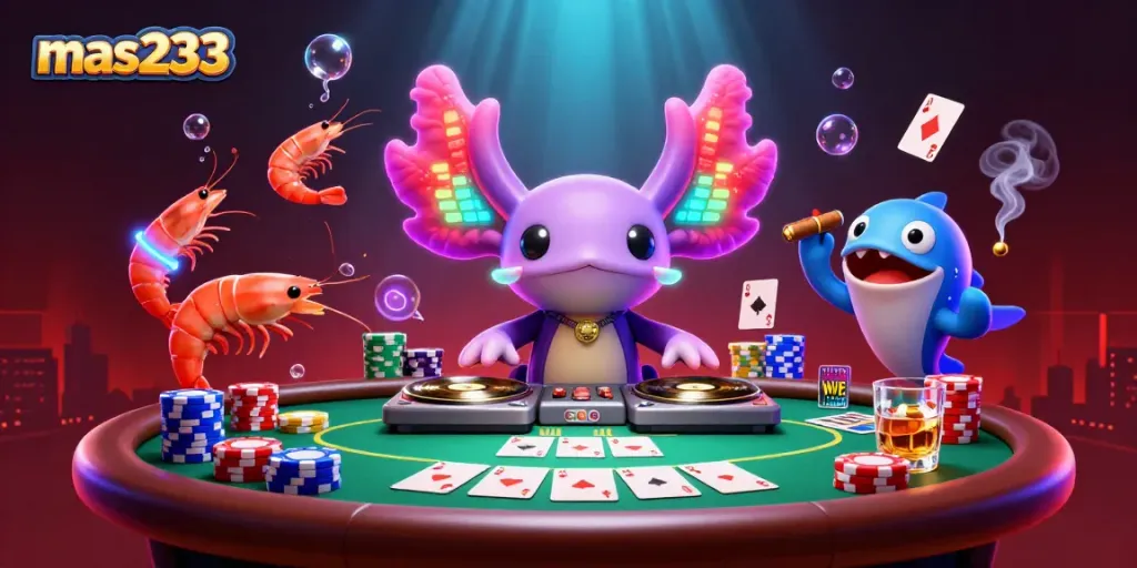Mas233 menampilkan DJ axolotl neon yang memputar piringan emas di kasino bawah laut.