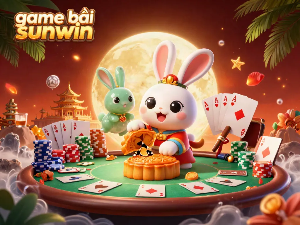 Engage with game bài sunwin as the moon rabbit rolls golden mooncakes revealing poker chips on a vibrant casino-themed moon.