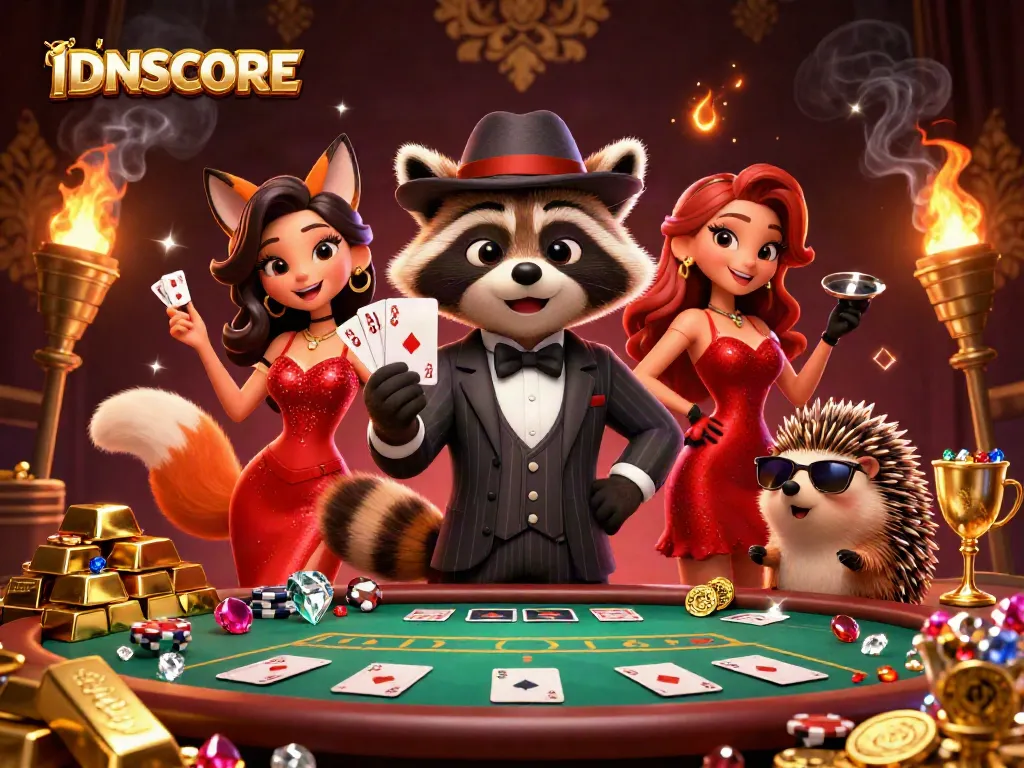 IDNSCORE gambling excitement featuring a suave raccoon in a poker scene with luxury elements.