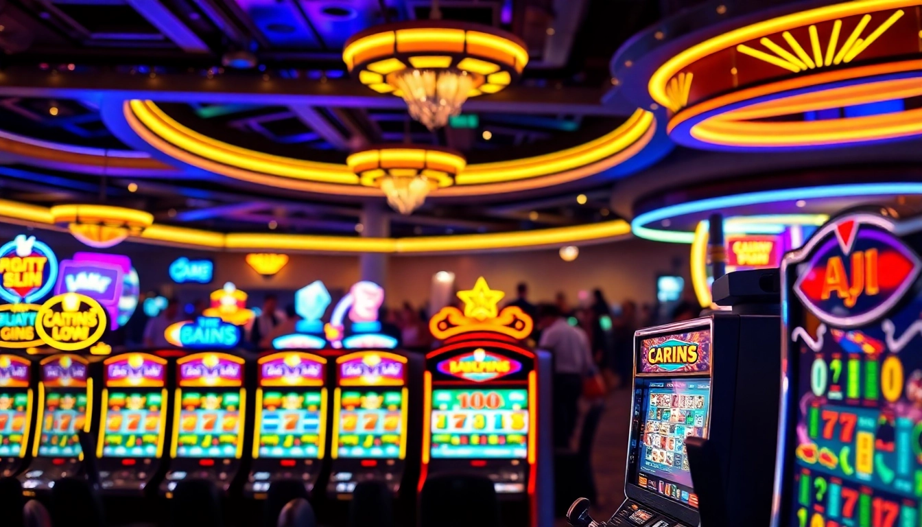 Mainkan slot di mesin yang berkilau di kasino yang ramai dan berwarna-warni.