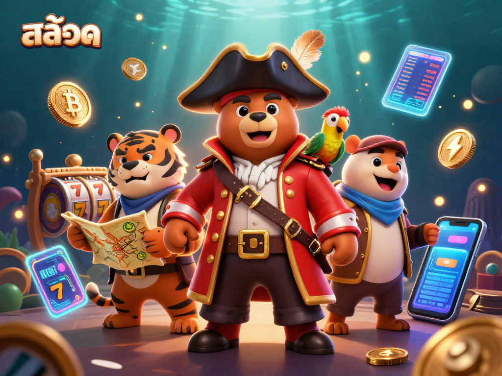Engage with สล็อต games in this vibrant, immersive online casino scene with playful characters and dazzling elements.
