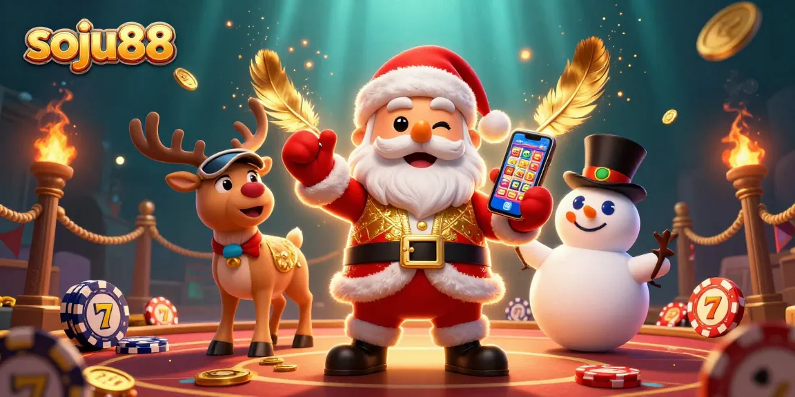 Experience the excitement of soju88 slots with 3D Santa Claus and friends in a vibrant casino.