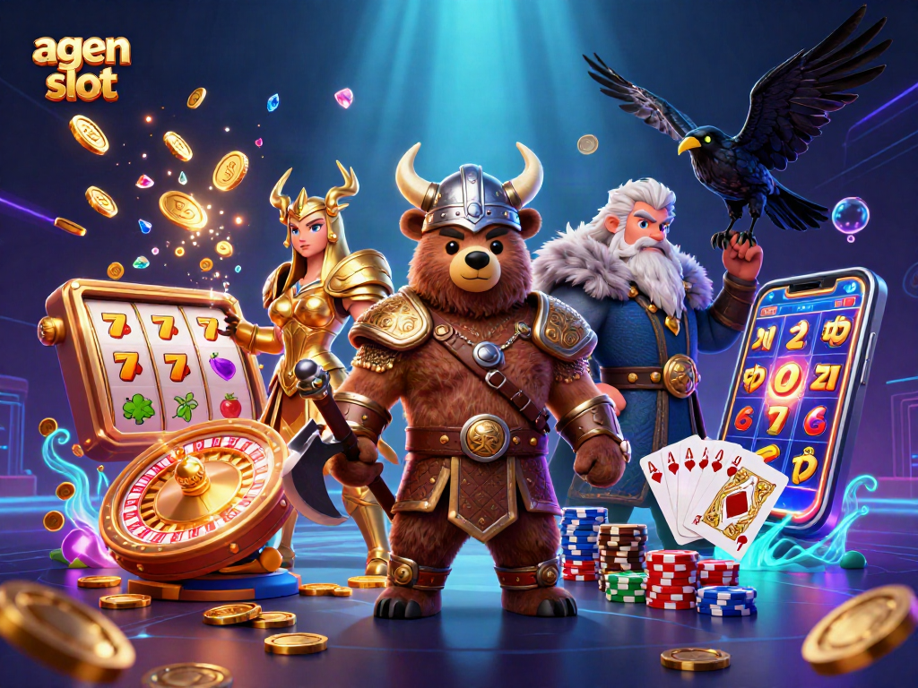 Agen slot menampilkan beruang Viking dan elang Valkyrie dikelilingi koin emas dan simbol slot dalam momen bermain yang mendebarkan.