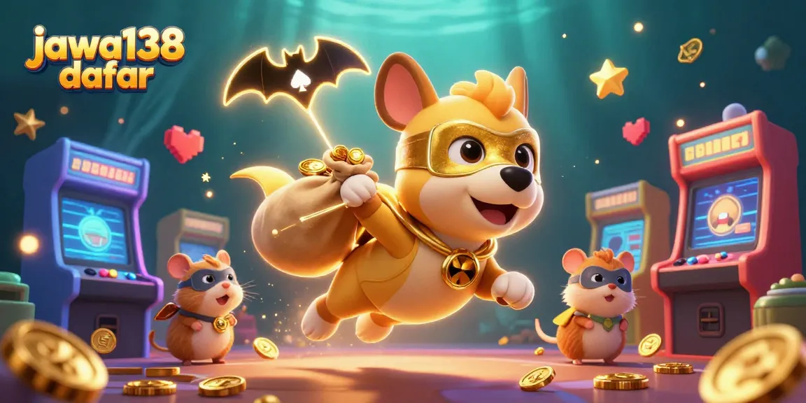Jawa138 daftar, simbol perjudian dengan anjing superhero terbang membawa koin emas dalam ilustrasi 3D.