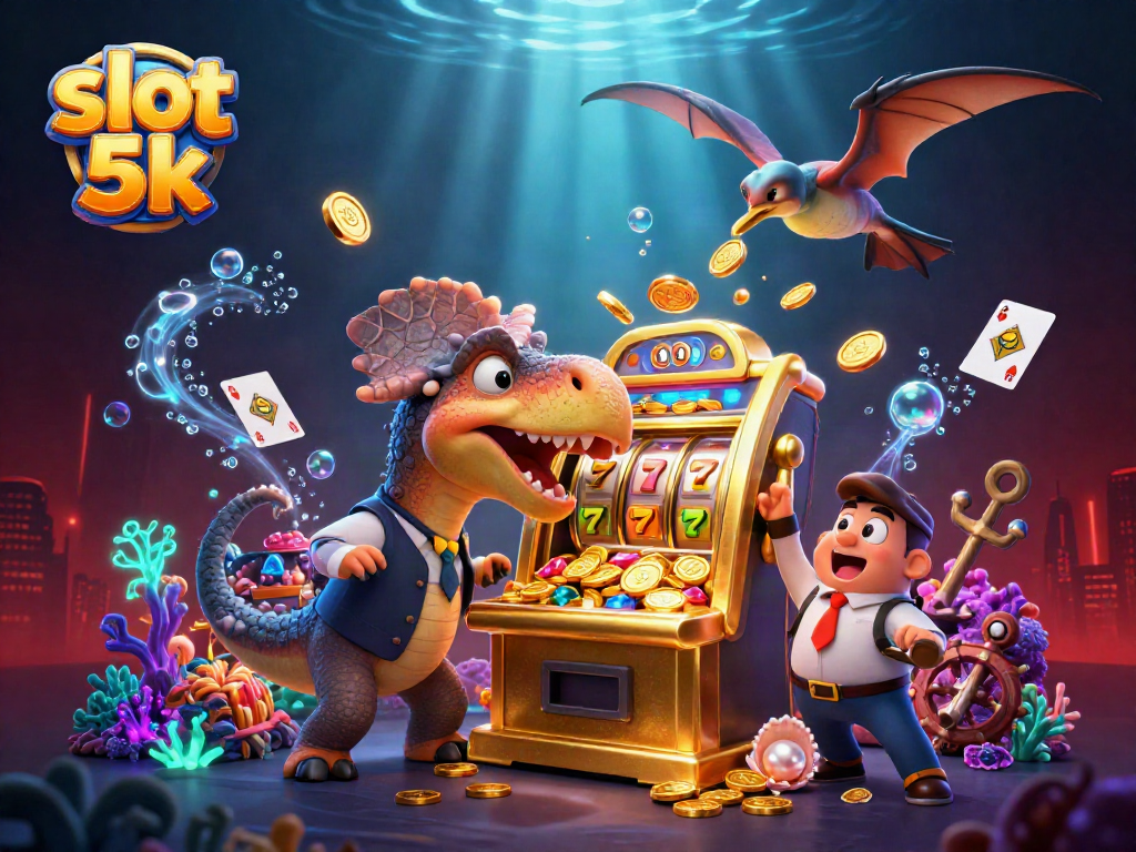 Slot 5k menarik perhatian dengan dinosaurus 3D yang berinteraksi dengan mesin slot emas, mendapat jackpot koin!