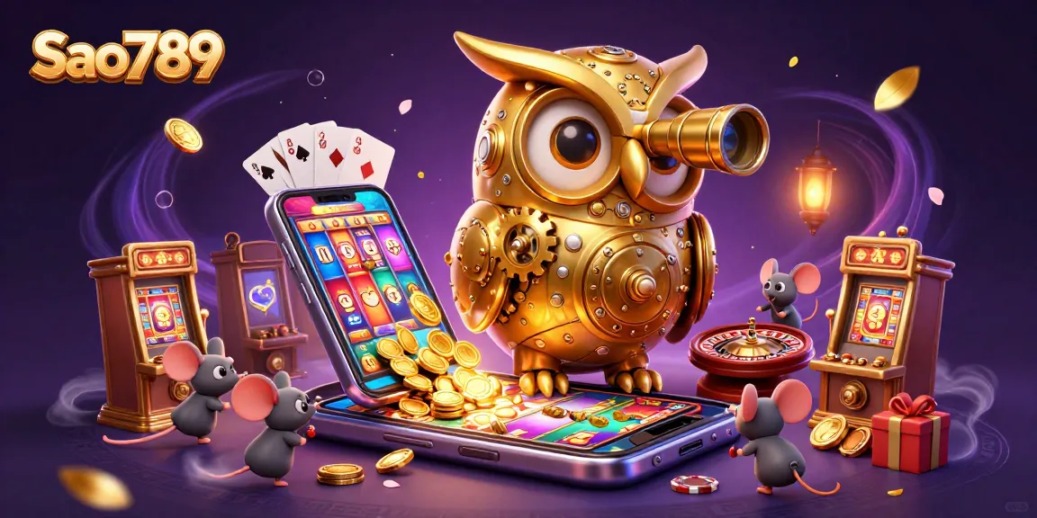Sao789 features a golden owl and playful mice in a vibrant casino scene with engaging game elements.