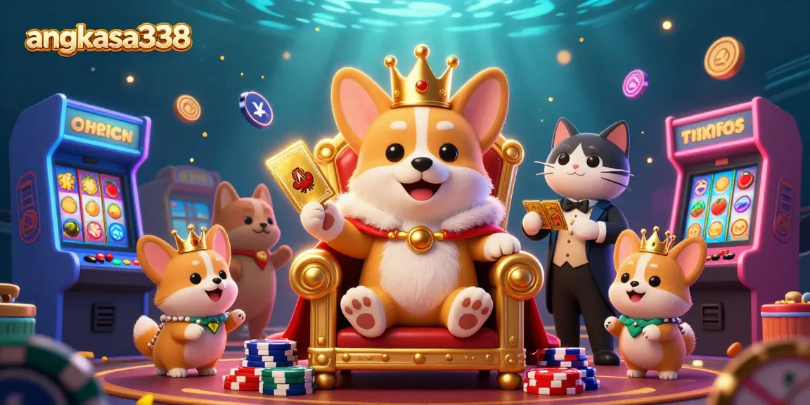 Experience the thrilling world of angkasa338 with vibrant visuals of royal corgis and casino elements.