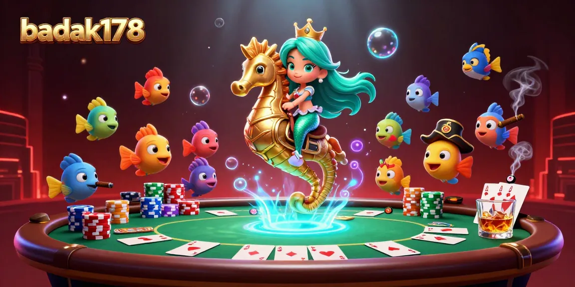 Experience the excitement of badak178 with a vibrant 3D casino illustration, featuring a mermaid and poker elements.