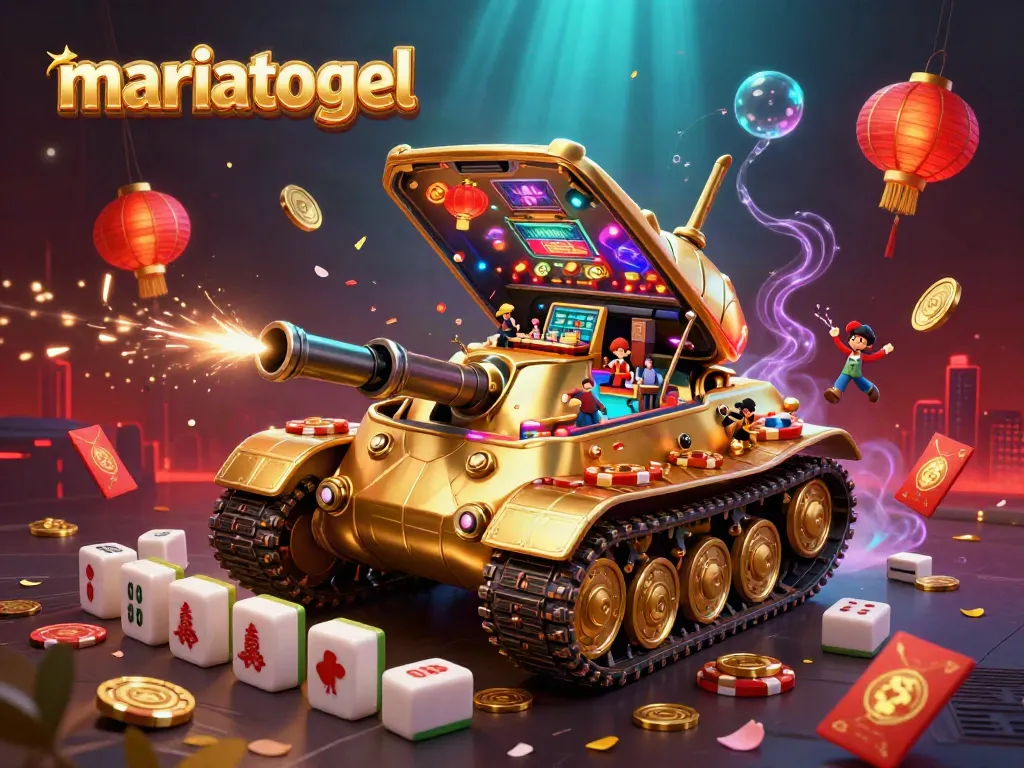 Engage with the vibrant mariatogel scene featuring a golden beetle tank casino, lively confetti, and immersive gaming elements.