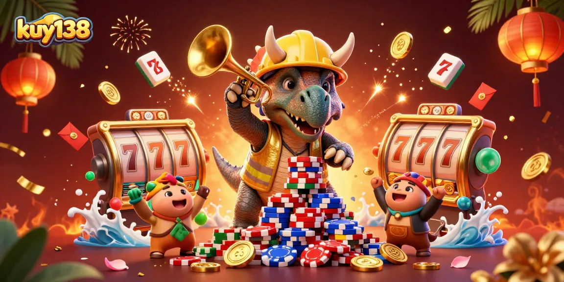Gambaran menarik kuy138 di mana triceratops merayakan kemenangan dengan chip poker dan elemen kasino lainnya.