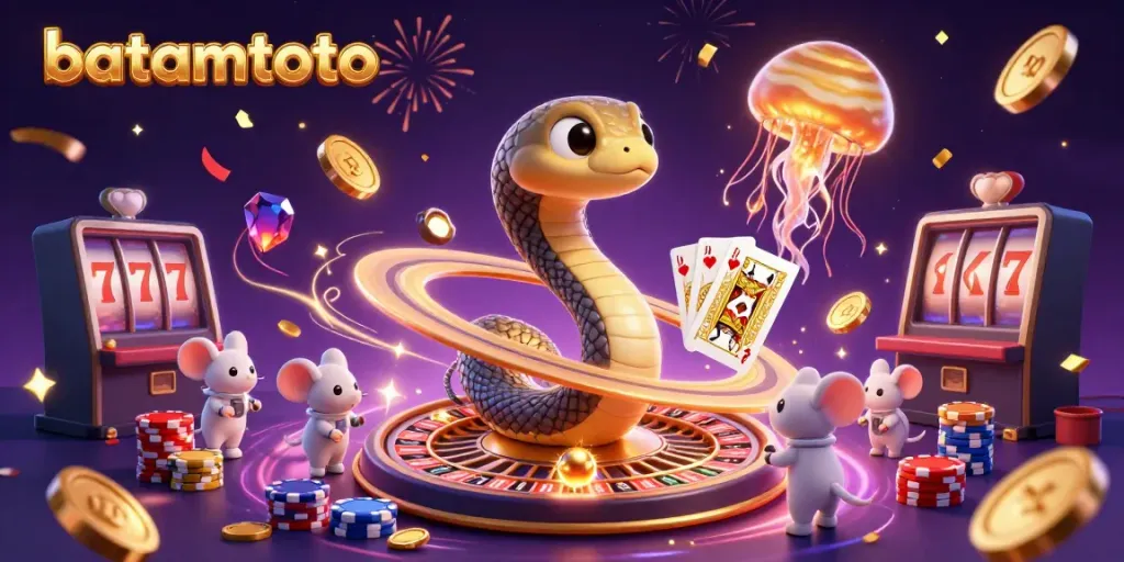 Experience the excitement at batamtoto with a vibrant casino scene featuring unique characters and dynamic game elements.