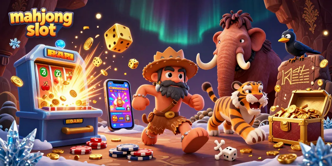Experience mahjong slot excitement with a cartoon caveman and sabertooth duo at a vibrant casino.