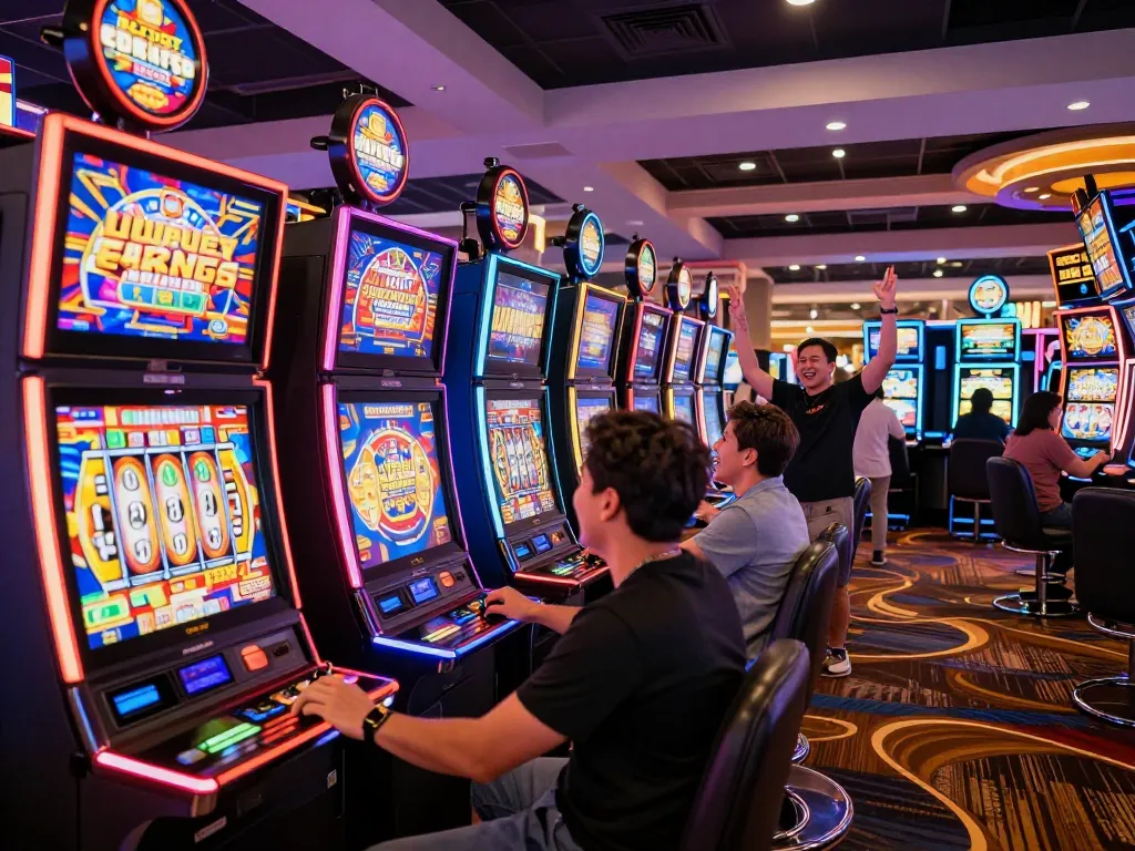 rokok88 players enjoying dynamic slot machines with bright lights and colorful animations