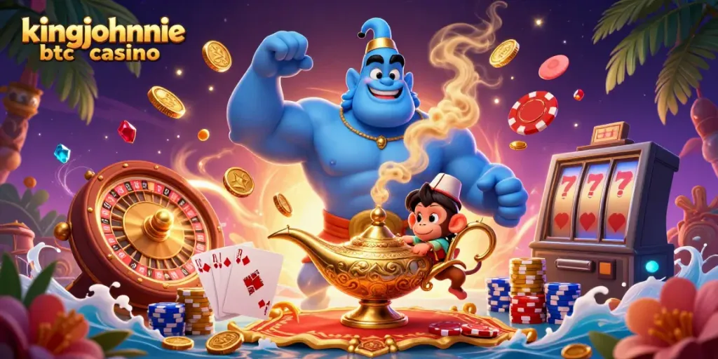 Experience thrilling games at kingjohnnie btc casino featuring a magical genie and vibrant stacked poker chips.