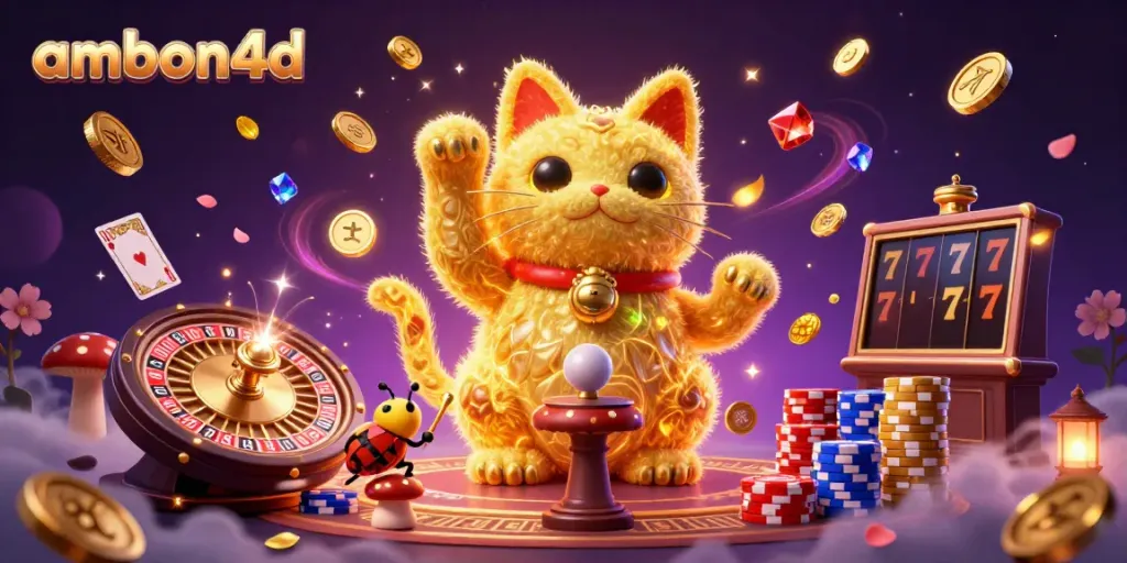 Experience thrilling moments at ambon4d with a captivating scene of casino elements, lucky symbols, and vibrant colors.