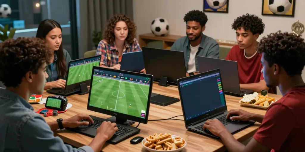 Kelompok teman menyaksikan pertandingan sepak bola sambil menggunakan aplikasi KANTORBOLA untuk taruhan online.