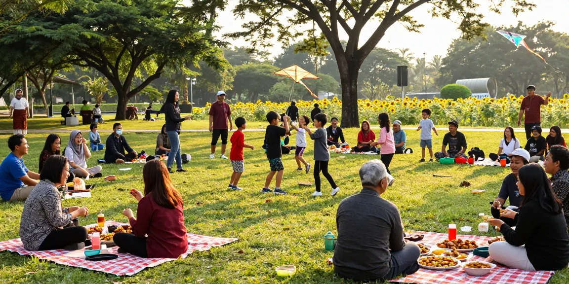 Acara komunitas di Taman dengan masyarakat menikmati makanan dan permainan, Leci123