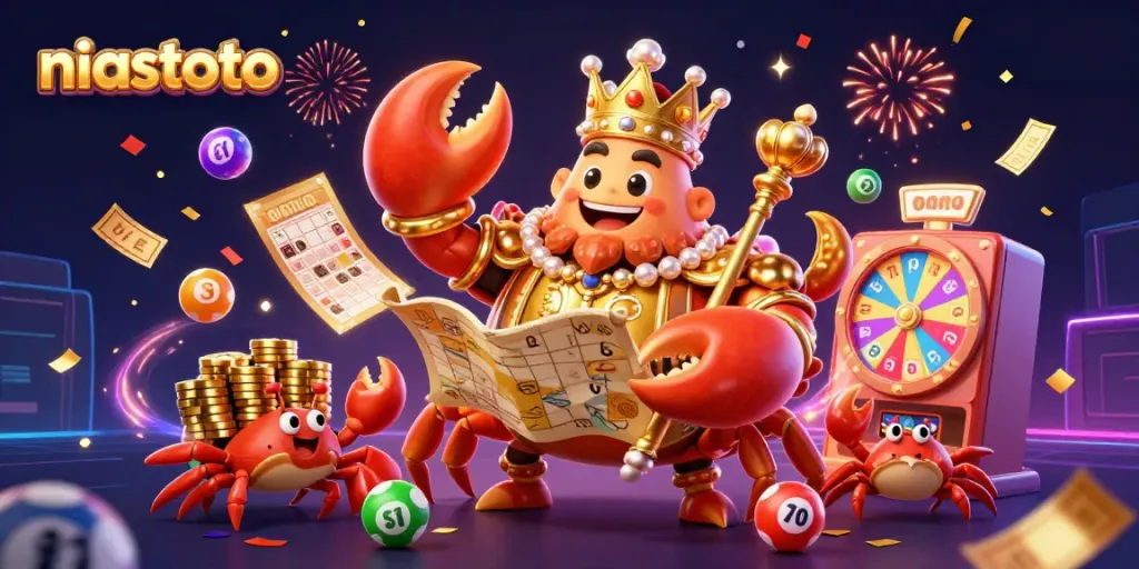 Engage in thrilling lottery fun at niastoto, featuring a majestic golden crab emperor and vibrant game elements.