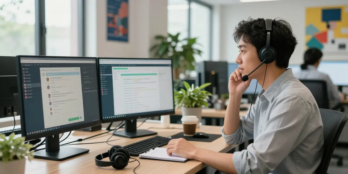 Customer support representative assisting with rajaberas88 helpdesk, bright and modern office environment.