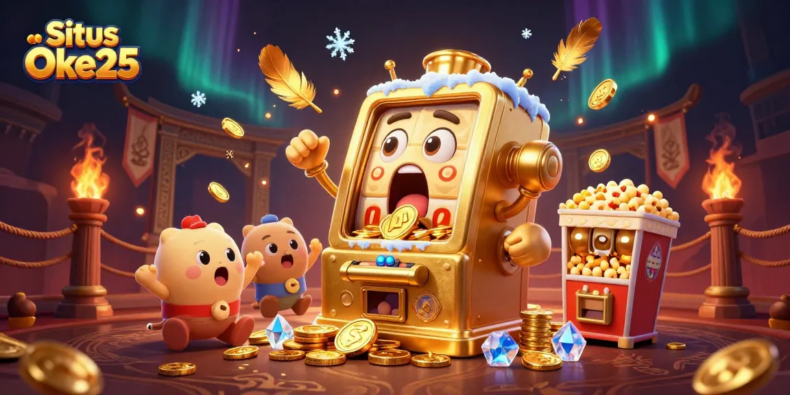 Situs Oke25 merayakan jackpot dengan mesin slot emas ceria, koin berterbangan, dan mesin popcorn.