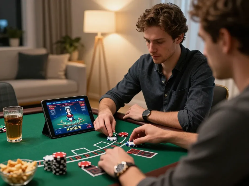 Pemain berinteraksi dengan permainan blackjack dealer langsung KENZOTOTO di tablet dalam suasana rumah yang nyaman.