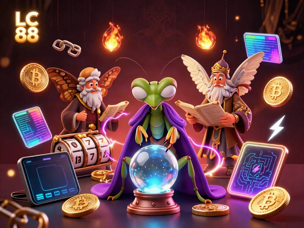 LC 88's unique fortune-telling casino scene featuring a mantis, a moth, and crypto elements.