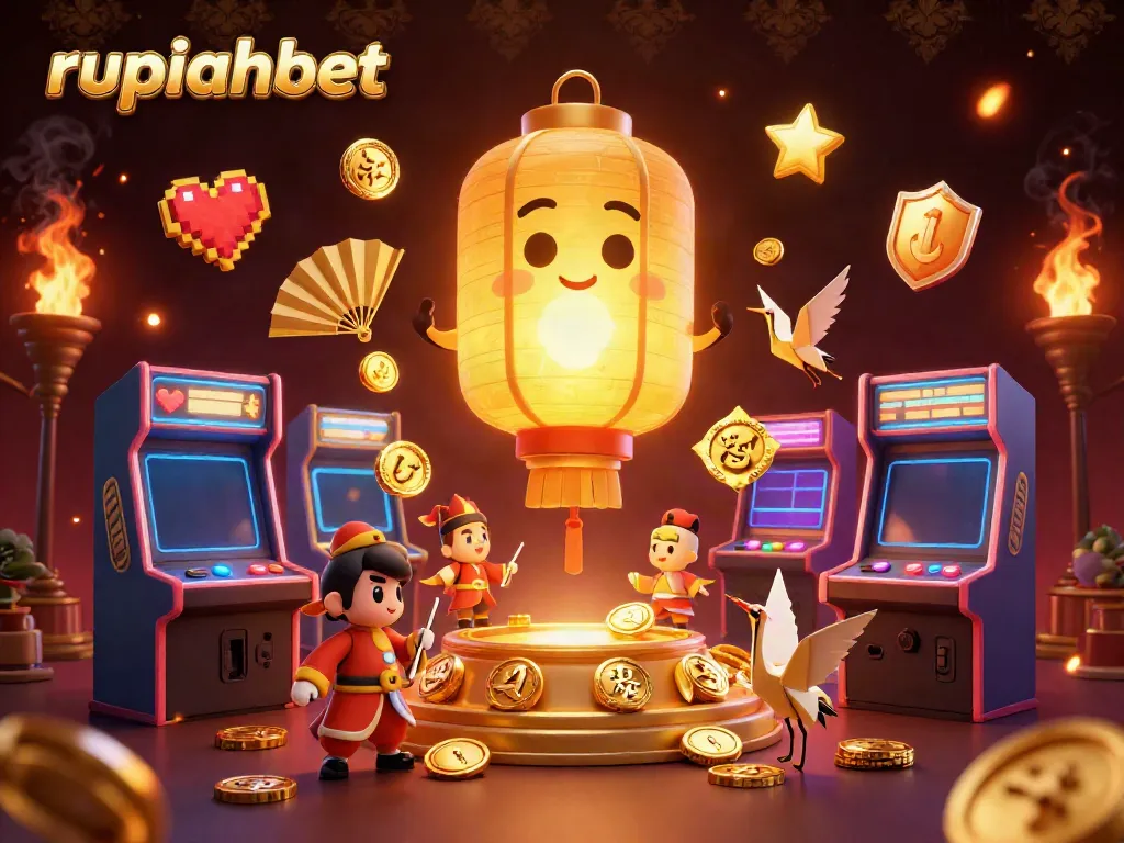 Experience the vibrant energy of rupiahbet as golden lanterns and warriors illuminate a dynamic casino scene.