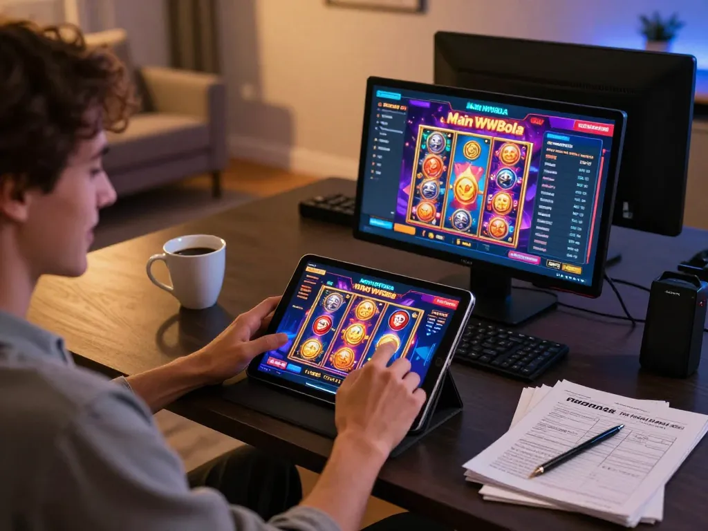 Main WWBola Deposit Qris Tanpa Potongan gameplay at home with vibrant slot machine graphics.