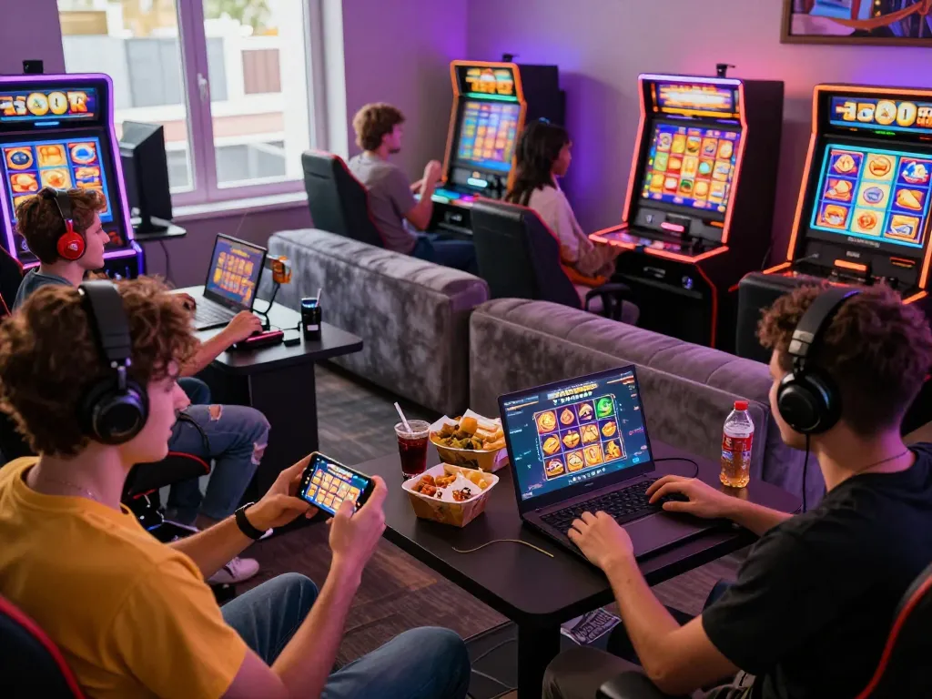 Kumpulan pemain yang terlibat menikmati permainan slot online VIRUS88 di ruang permainan yang penuh warna.