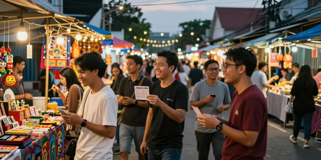 Suasana pasar malam di Cirebon dengan lotere cirebon toto dan kelompok teman menikmati makanan lokal.