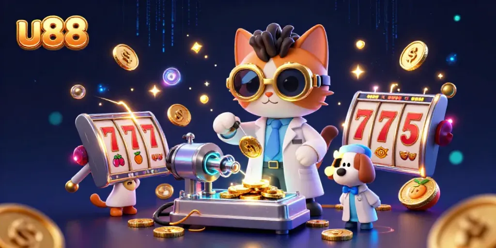 Engage with u88's thrilling jackpot experience featuring playful characters and slot reels.