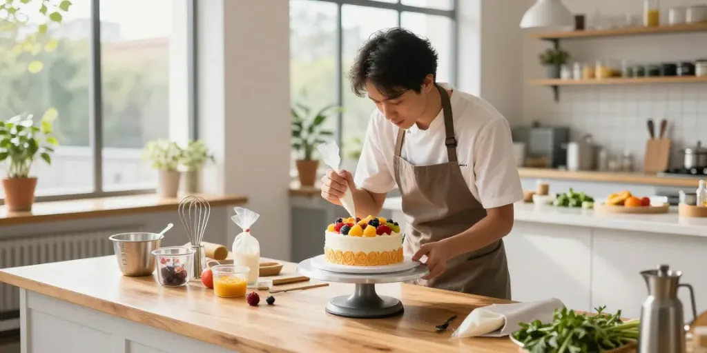 Delicious cake decorating scene at www.torinobaking.com showcasing skillful baking techniques.