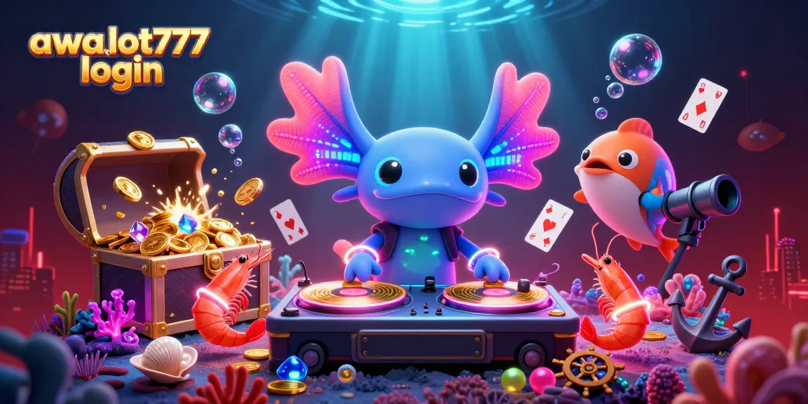 AWSLOT777 login showcases vibrant underwater party scene with neon axolotl DJ and dancing shrimp.
