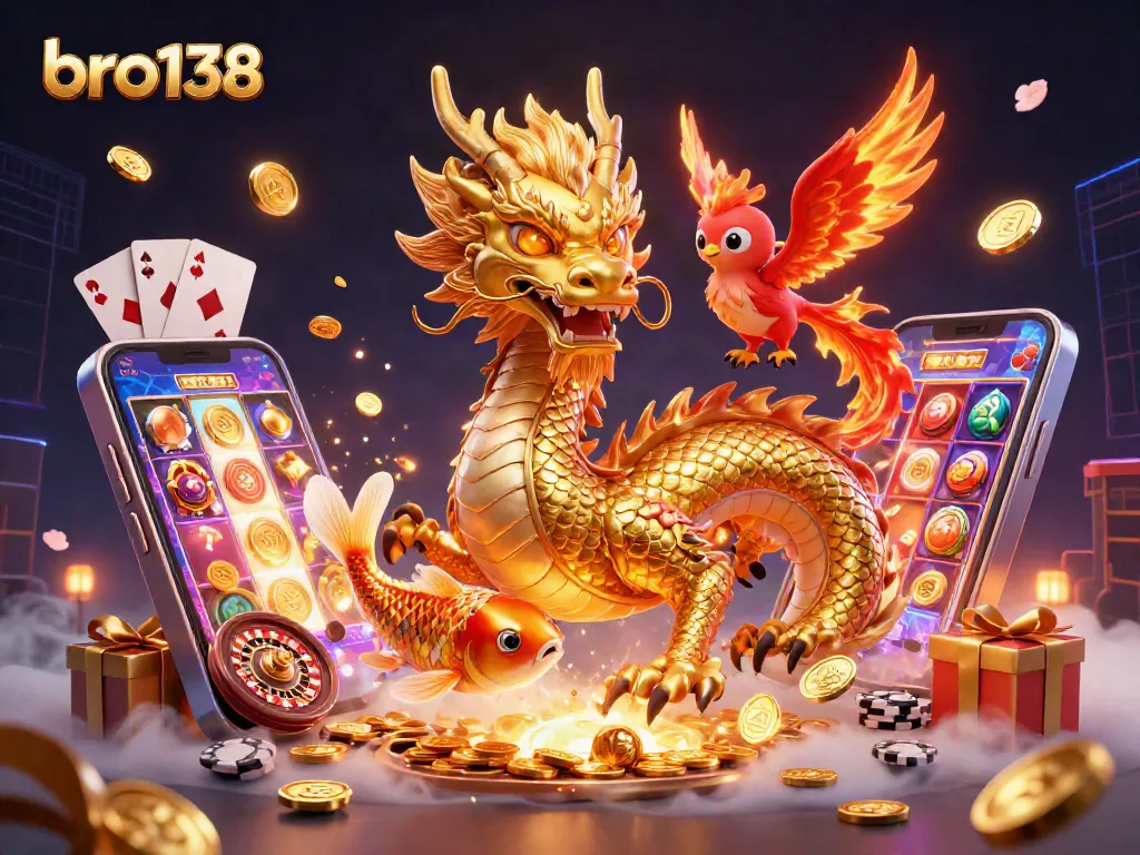 Engage in the exciting world of bro138 with a vibrant 3D casino scene featuring dragons, phoenixes, and slot games.