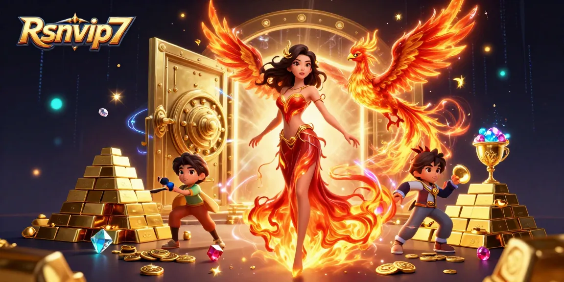 Rasakan jackpot yang mendebarkan di Rsnvip7 dengan seorang wanita Asia yang menakjubkan dan seekor phoenix terbang di tengah harta karun dan elemen kasino.