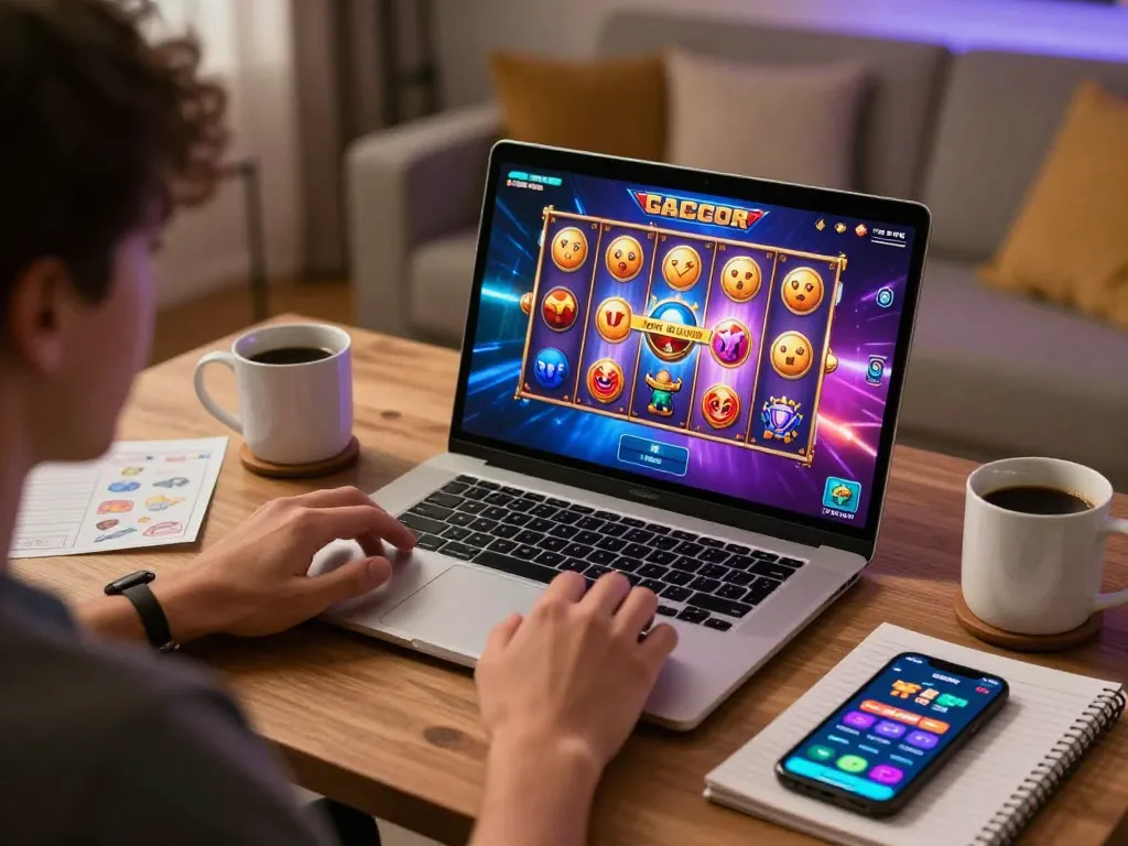 Engaging in slot gacor gameplay on a laptop in a cozy home setting, showcasing strategic online betting.